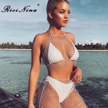 Off Shoulder Beach Dress Woman Sexy Backless Copped Summer Mesh Dress Casual Party Dress Vestidos Two Piece White Black